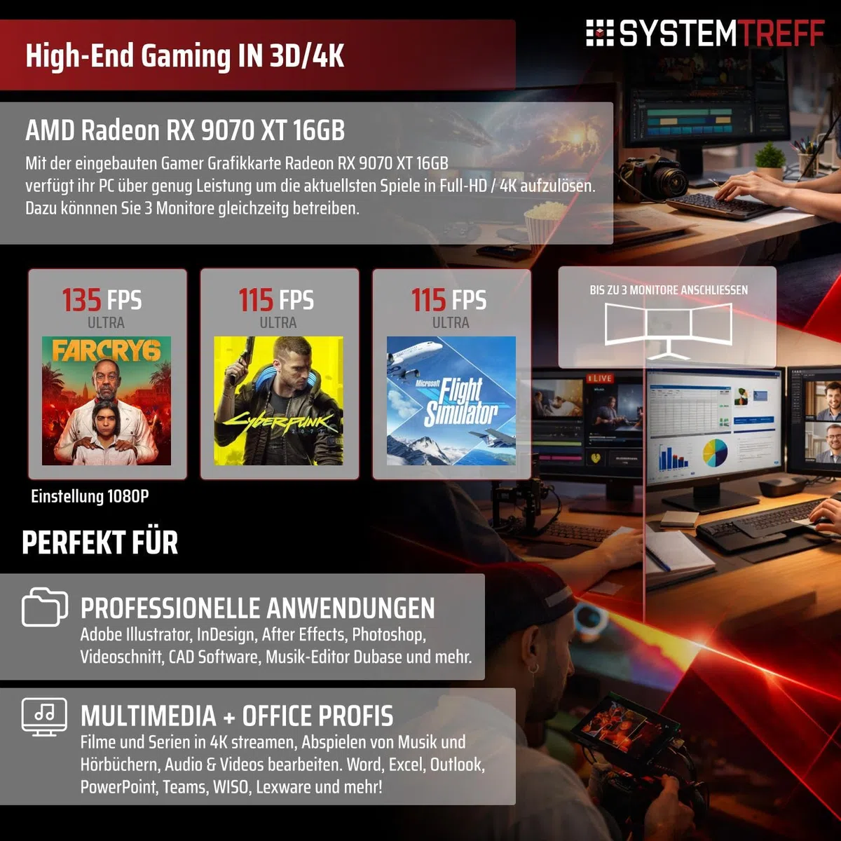SYSTEMTREFF High-End Gaming PC AMD Ryzen 7 9800X3D 8x5.2GHz | AMD Radeon RX 9070 XT 16GB DX12 | 1TB M.2 NVMe | 32GB DDR5 RAM | Windows 11 | WLAN Desktop Computer Rechner für Gamer, Zocker & Streamer