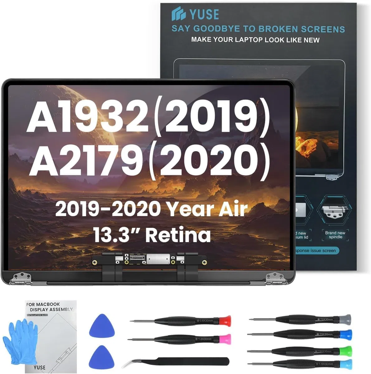 LHM A1932 2019 Jahr / A2179 2020 Jahr Ersatzbildschirm 13,3" für MacBook Air Retina (Modell: EMC 3302 EMC 3184 MVFH2 MVFJ2 MWTJ2 MWH22) Komplette LCD-Bildschirmbaugruppe mit Befestigungssatz (Gold)