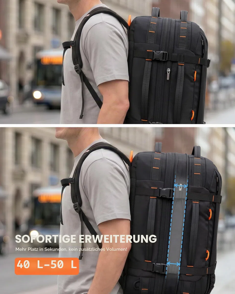 Tolaccea Reiserucksack, Handgepäck Rucksack Flugzeug, TSA-Freundlicher Laptop Rucksack 15,6 Zoll, Erweiterbar 40L auf 50L, Weekender Herren für Reise Wandern Camping