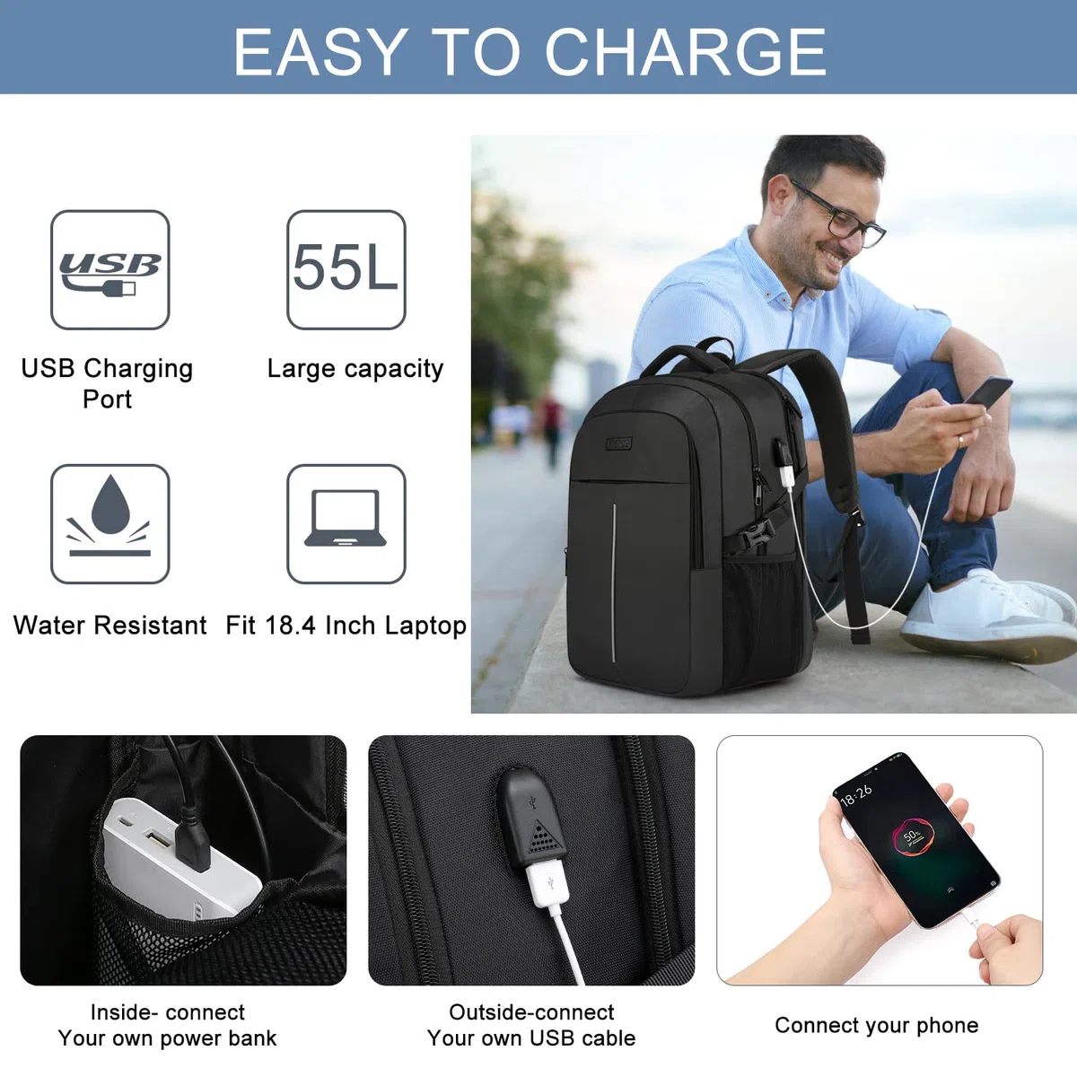Extra Groß Rucksack Herren 55L,18.4 Zoll Laptop für Schule Arbeit mit USB Ladeanschluss Wasserdicht Business Reisen Notebook Tasche Schulrucksack für Männer Frauen Jungen Teenager Schwarz