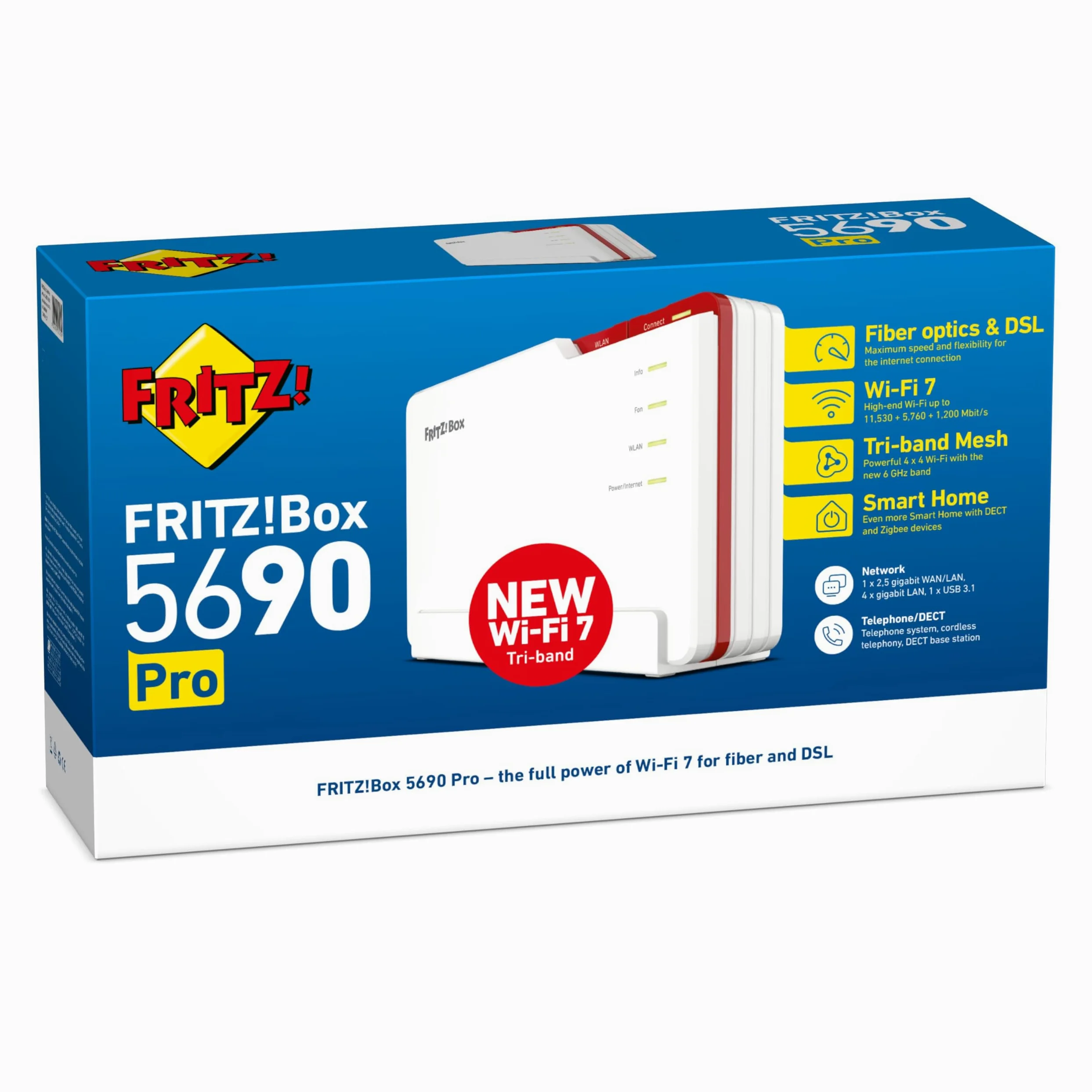 FRITZ!Box 5690 Pro (Wi-Fi 7 Premium DSL- und Glasfaser-Router mit Triband (2,4 GHz, 5 GHz, 6 GHz) bis zu 18,5 GBit/s, für Glasfaser & DSL-Anschlüsse, WLAN Mesh, DECT-Basis, internationale Version)