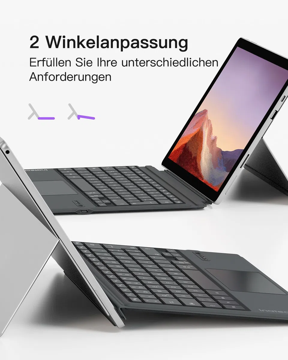 Inateck Surface Pro 7 Tastatur,Kompatibel mit Surface Pro 7/7+/6/5/4 mit Trackpad,Bluetooth 5.3, 7-Farbiger Hintergrund Beleuchtung,QWERTZ,KB02027