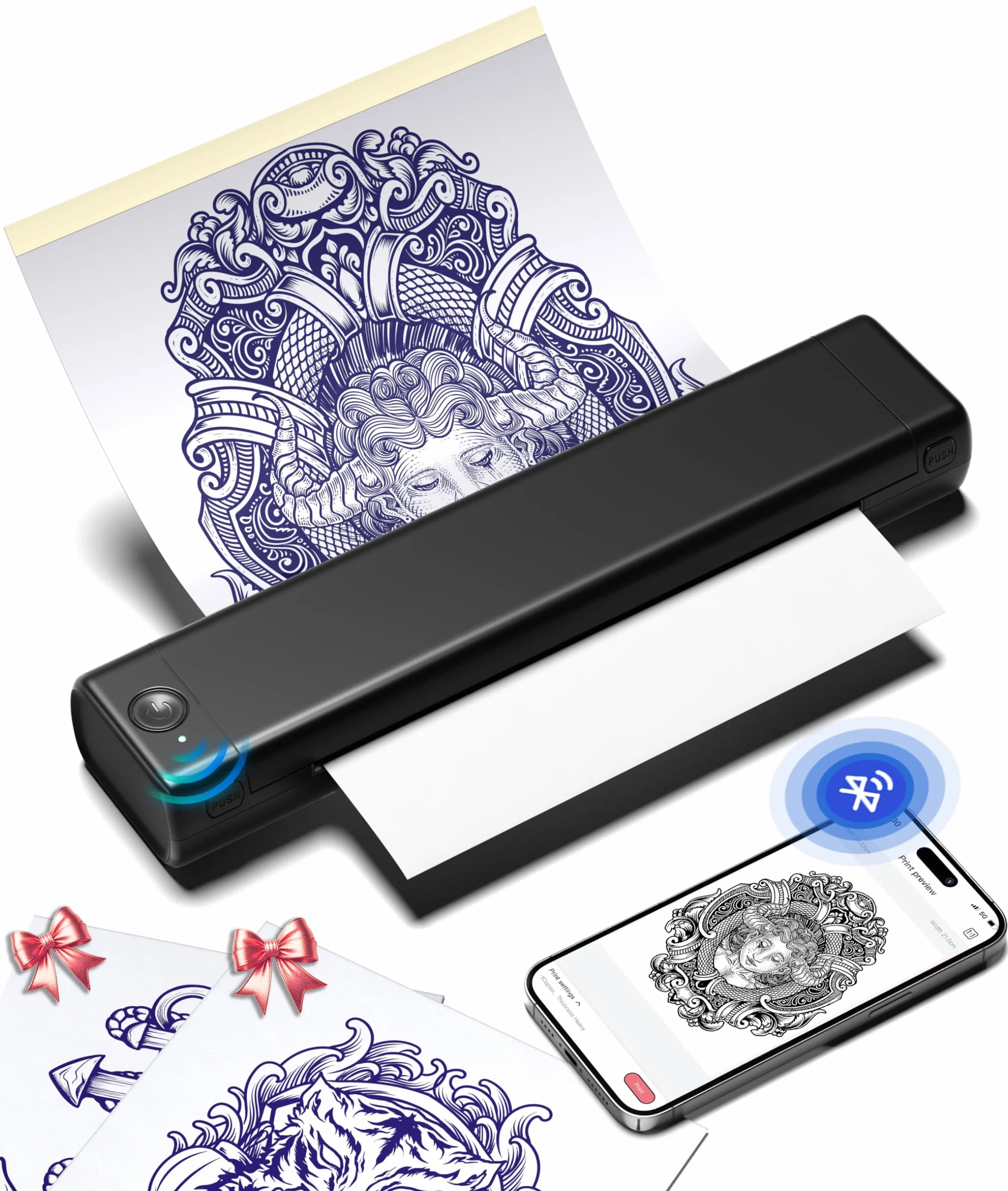 Phomemo M08F Tattoo Drucker, Tattoo Stencil Drucker Schablonendrucker mit 10pcs Transferpapier Kompatibel mit Phone Tablet PC & Offiziellem Transferpapier für Tattoo Künstler und Anfänger