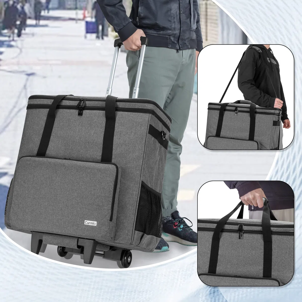 CURMIO Reisetasche für Desktop Computer, PC Gehäuse Tasche mit Abnehmbarem Trolley, Tragetasche für Tower PC, Tastatur, Kabel und Maus, (Keine Zubehör Enthalten), Grau