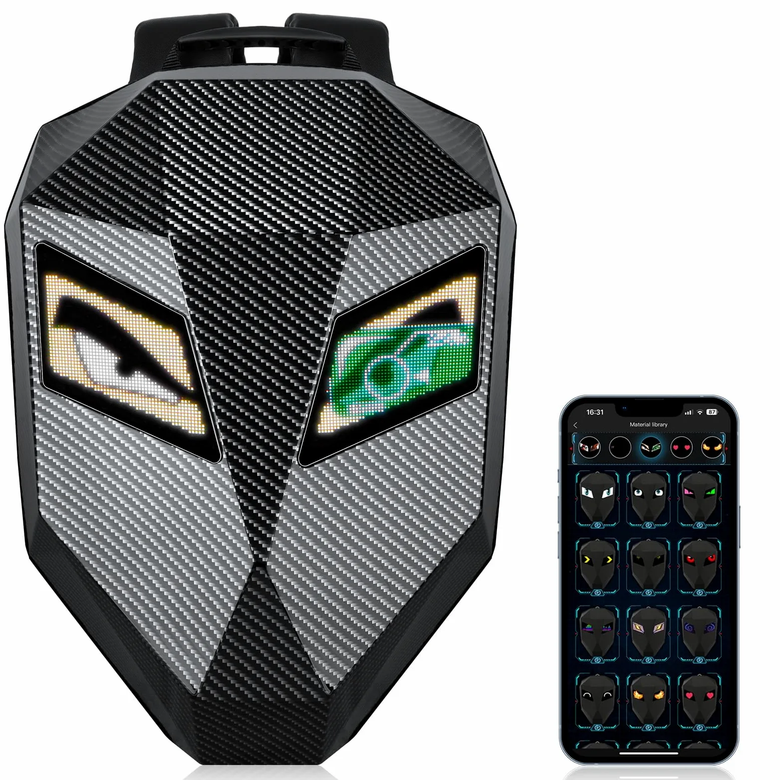 48 cm LED Motorrad Knight Rucksack für Männer, Hard Case Fahrrucksack Motorrad Laptop Tasche Wasserdicht, DIY Programmierbarer Full Color Display & Augen