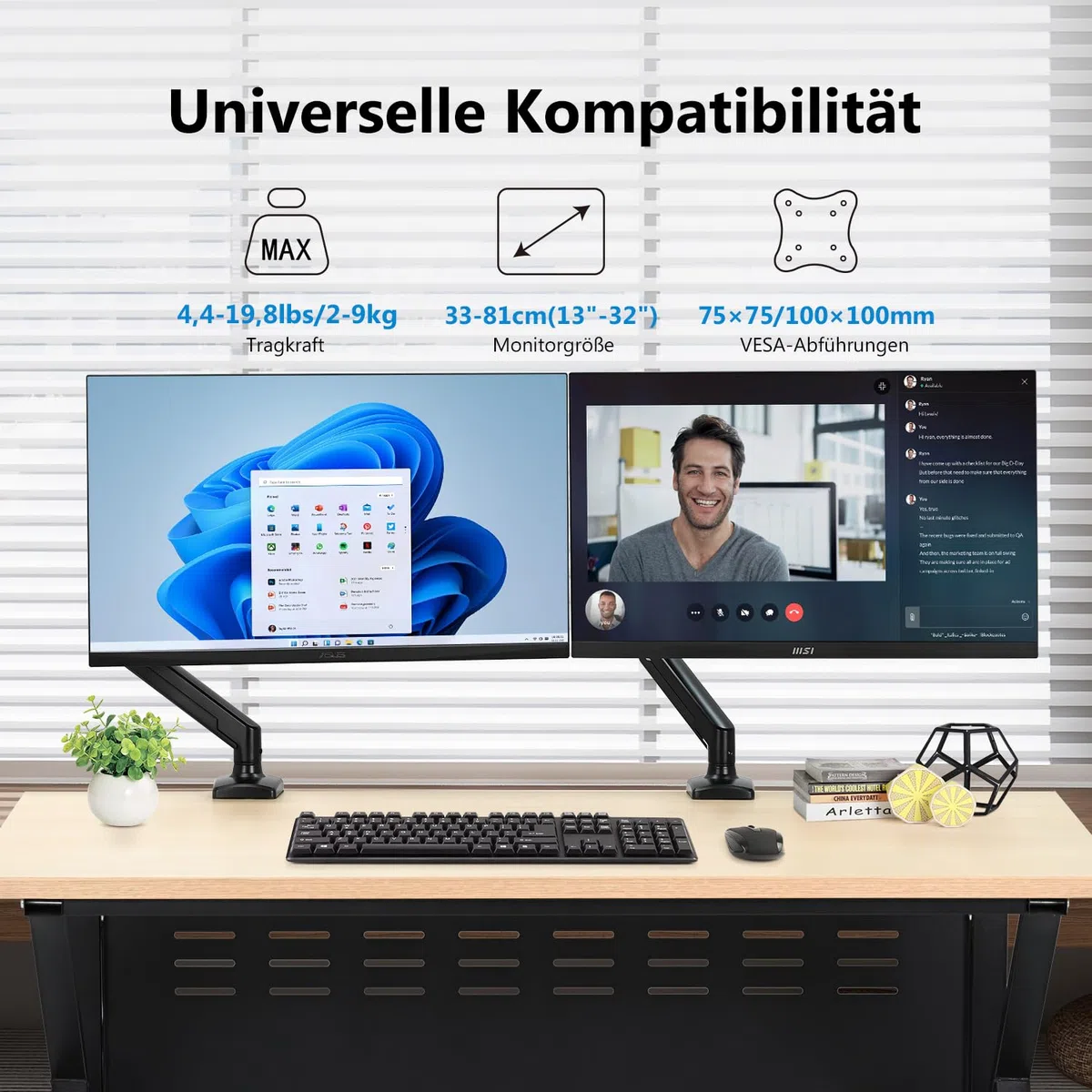 Einzel-Monitorhalterung für 13-32 Zoll Bildschirme, Gasfeder-Monitorarm mit höhenverstellbarer VESA-Halterung, Ständer hält 2-9 kg, Klemm-/Tülleninstallation