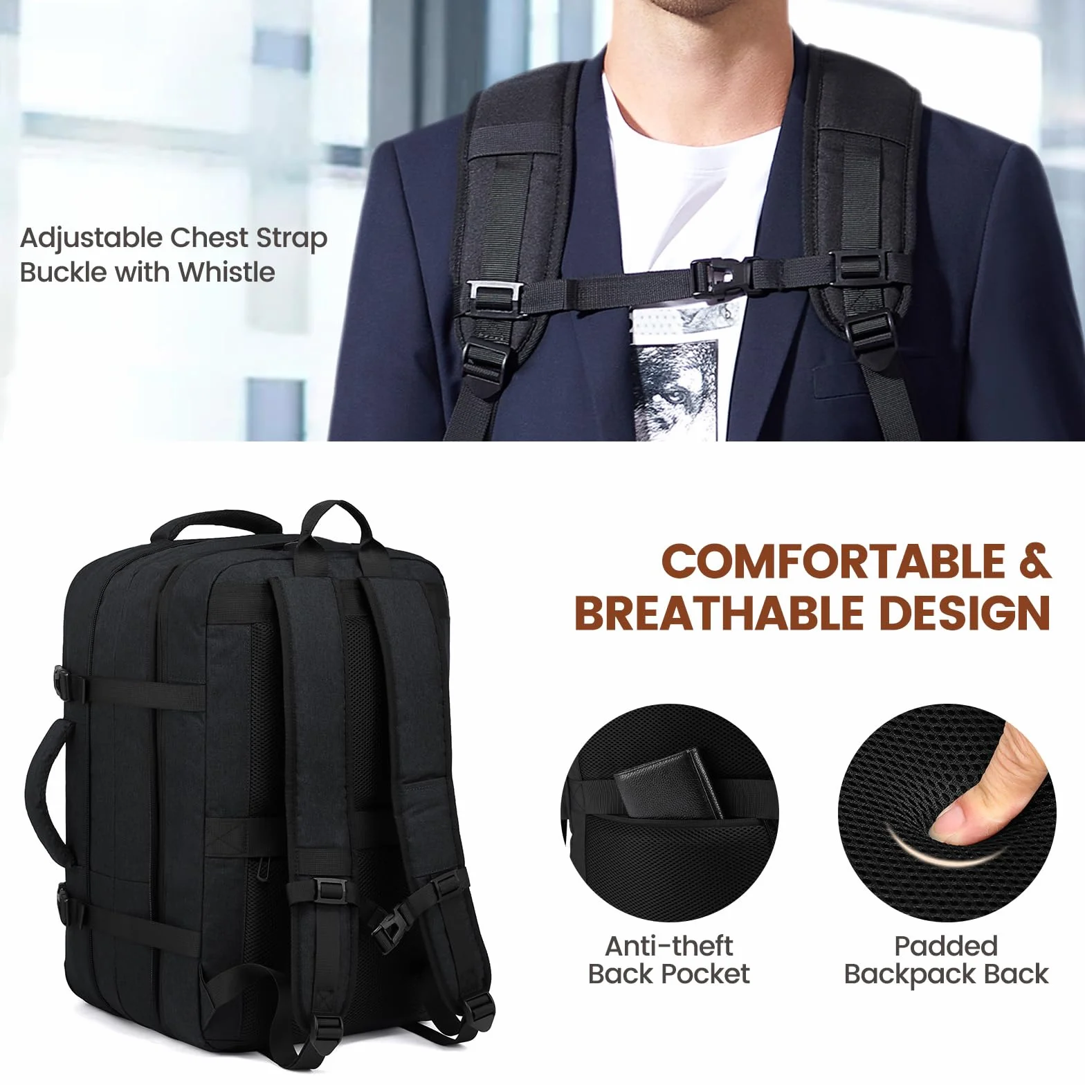 LOVEVOOK Handgepäck Rucksack, 30L Reiserucksack Herren Damen Kofferrucksack Flugzeug Tasche, Travel Backpack Carry On Luggage für 15,6 Zoll Laptop, Reisetasche Koffer Cabin Bag für Reise, Schwarz