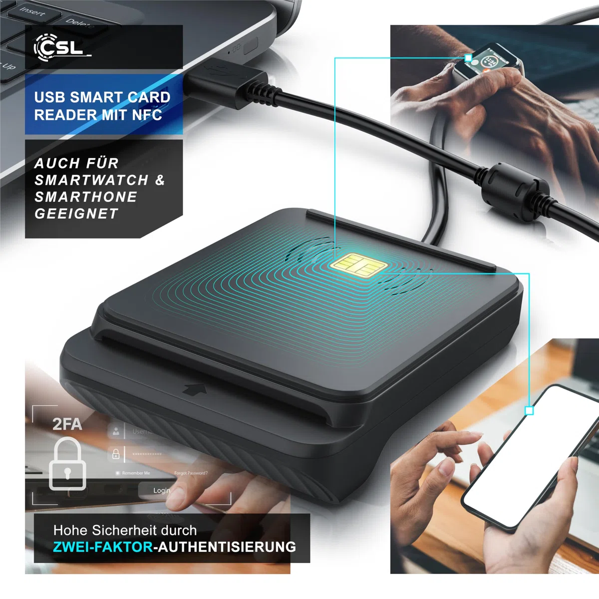 CSL - USB Chipkartenleser mit NFC - SmartCard Reader/SIM Kartenlesegerät - kompatibel mit Windows 11 - für den neuen Personalausweis Gesundheitskarte Bankkarten - EPA