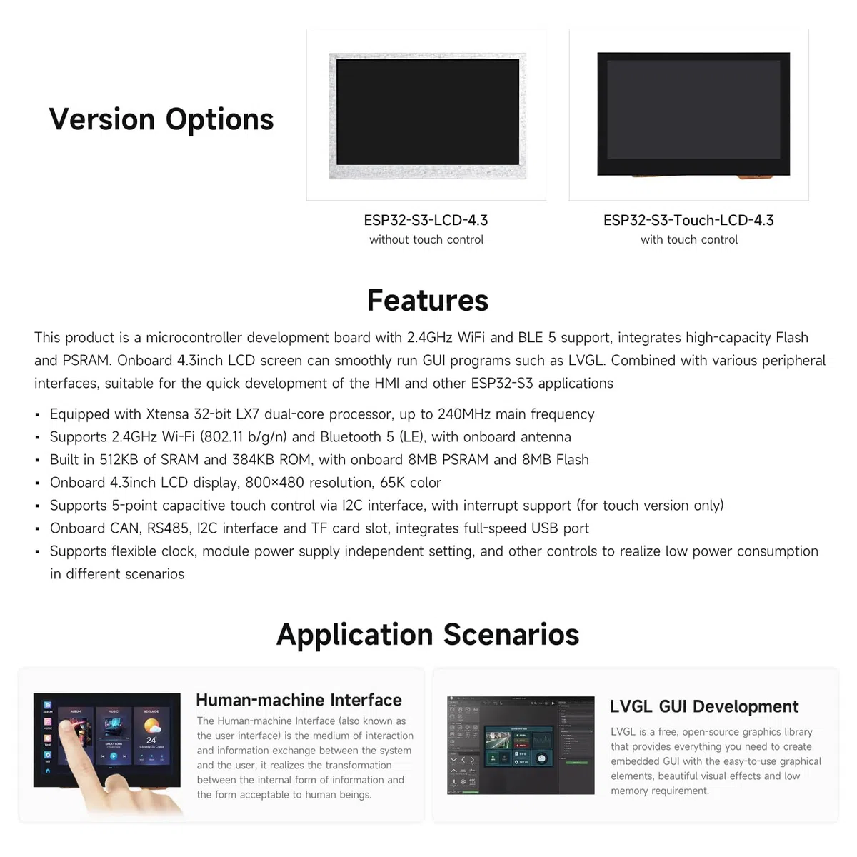 Waveshare ESP32-S3 4.3inch Capacitive Touch Display Development Board 800x480 5-Point Touch 32-Bit LX7 Dual-Core 240MHz WiFi
