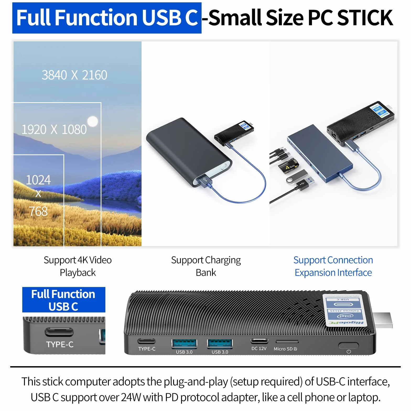 Mini PC Stick Win 11 Pro, Fanless Mini Computer, Celeron J4125 8GB 256GB eMMC 2.7 GHz, USB-C, USB3.0 X 2, RJ45 Gigabit Ethernet 4K 60Hz, WiFi BT 5.2 HDMI 2.0 für Geschäft Zuhause Büro