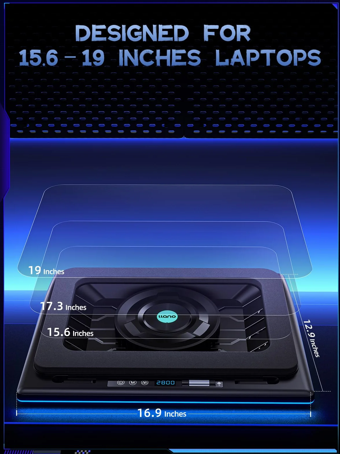 llano RGB Gaming Laptop Kühler Kühlpad Kühlkissen mit stufenloser Touch-Bedienung & 3 Port USB A, groß Leistungsstarker Turbo Lüfter Dichtungsschaum für 15-19'' Computer Notebook