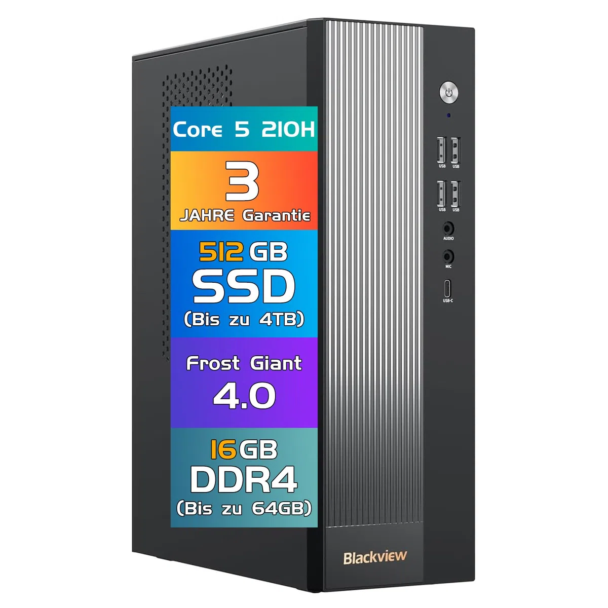 Blackview Silent Business Office Computer NEX60 | 2026 Intel Core 5-210H - 13. Gen| 16GB DDR4 | 512GB SSD | Win 11 Pro Desktop PC| WLAN 6 & Bluetooth 5.2 | USB 3.2 | 3 Jahre Garantie - Startklar