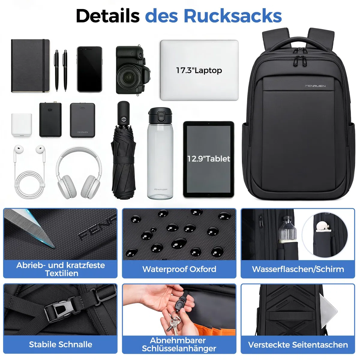 Fenree.geer Rucksack Herren –Handgepäck Rucksack 17.3-Zoll Laptop Rucksack Erweiterbar (Wasserdicht & Anti-Diebstahl) – Elegante Laptoptasche für Büro, Reisen, Pendeln und Schule – Unisex Design