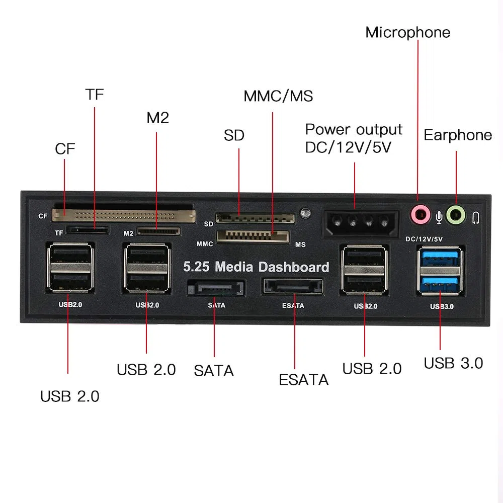ACAGALA Multifunktions-USB 3.0 Hub eSATA SATA Port Interner Kartenleser PC Armaturenbrett Medien Vorderseite Audio für SD MS CF TF M2 MMC Speicherkarten Passend für 5,25 Zoll Bay