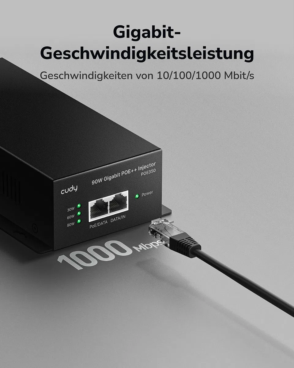 Cudy POE350 90W Gigabit PoE++ Injektor, 10/100/1000Mbps Poe Adapter, Kompatibel mit IEEE 802.3af/at/bt, 48V ~ 52V, Plug and Play
