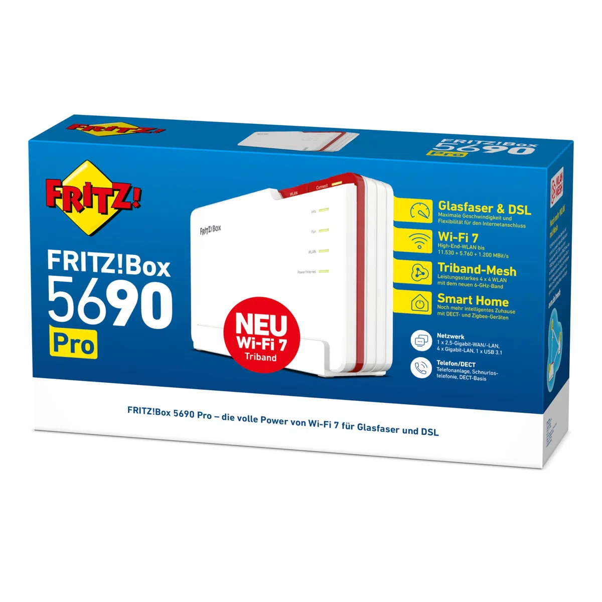FRITZ!Box 5690 Pro Wi-Fi 7 DSL Glasfaser Router Triband 2,4 GHz 5 GHz 6 GHz 18,5 GBit/s WLAN Mesh DECT