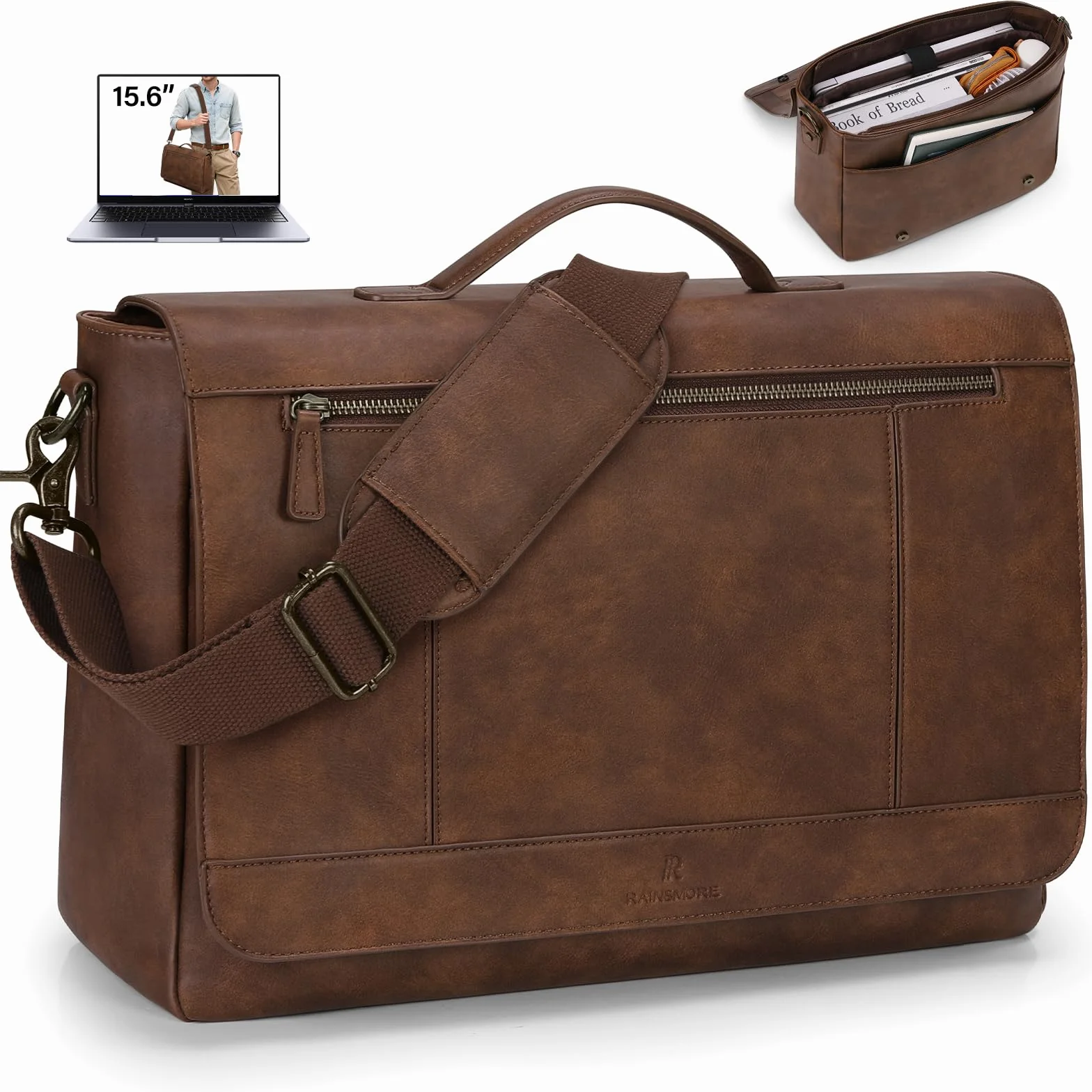 RAINSMORE Aktentasche Herren PU Leder Wasserdichte Umhängetasche Laptoptasche 15,6 Zoll Vintage Groß Arbeitstasche Messenger Bag Schultertasche für Arbeit Büro Uni Schule