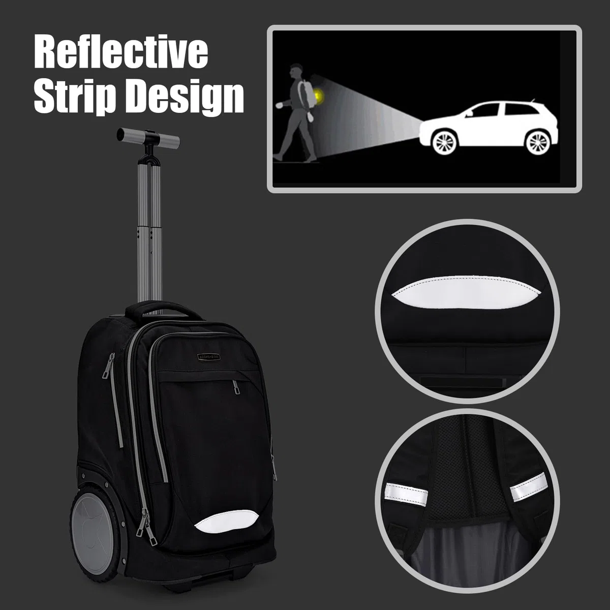 Rucksack mit Rollen, Rucksack trolley doppelt verstärktem Teleskopgriff, leichtes Hinauf- und Hinuntergehen von Treppen, Handgepäck-Rucksack mit Laptopfach für Geschäftsreisende und Pendler, Schwarz