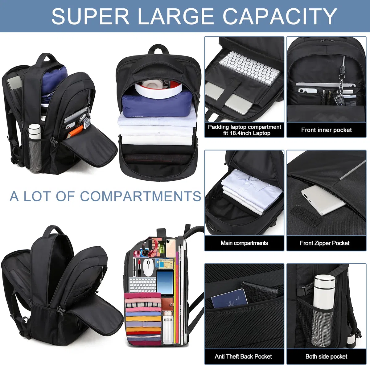 Extra Groß Rucksack Herren 55L,18.4 Zoll Laptop für Schule Arbeit mit USB Ladeanschluss Wasserdicht Business Reisen Notebook Tasche Schulrucksack für Männer Frauen Jungen Teenager Schwarz