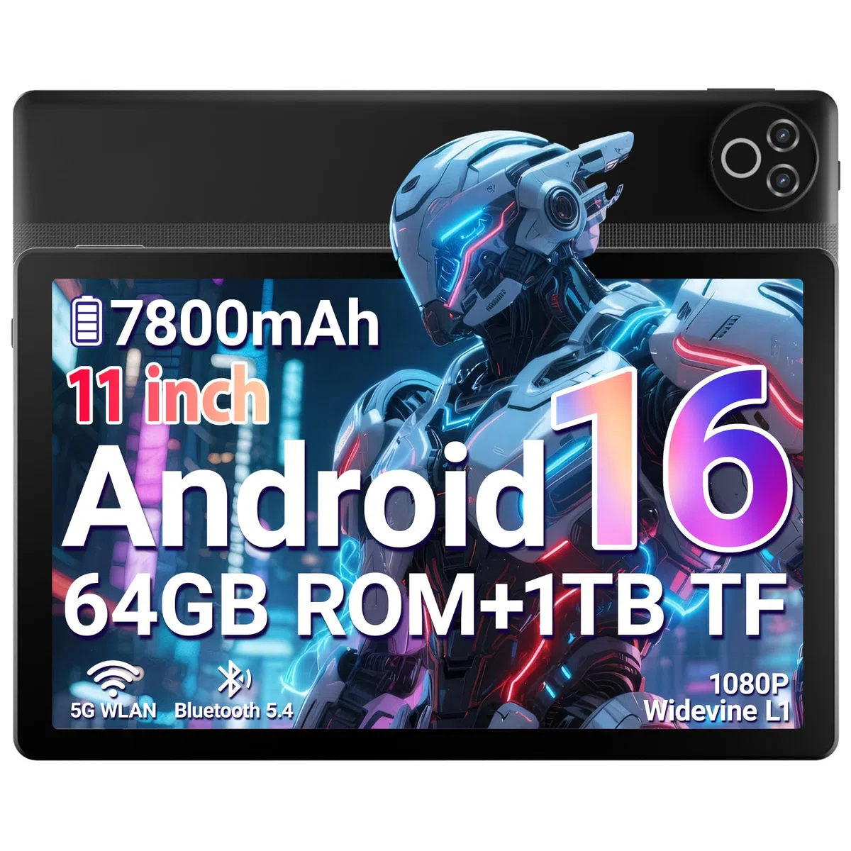 Tablet 11 Zoll, Android 16 Tablet mit 20GB RAM 64GB ROM/1TB TF, 7800mAh Akku, 5G WiFi, Widevine L1, Bluetooth 5.4, 1080P Display, 5MP+8MP Kamera, OTG, Schwarz
