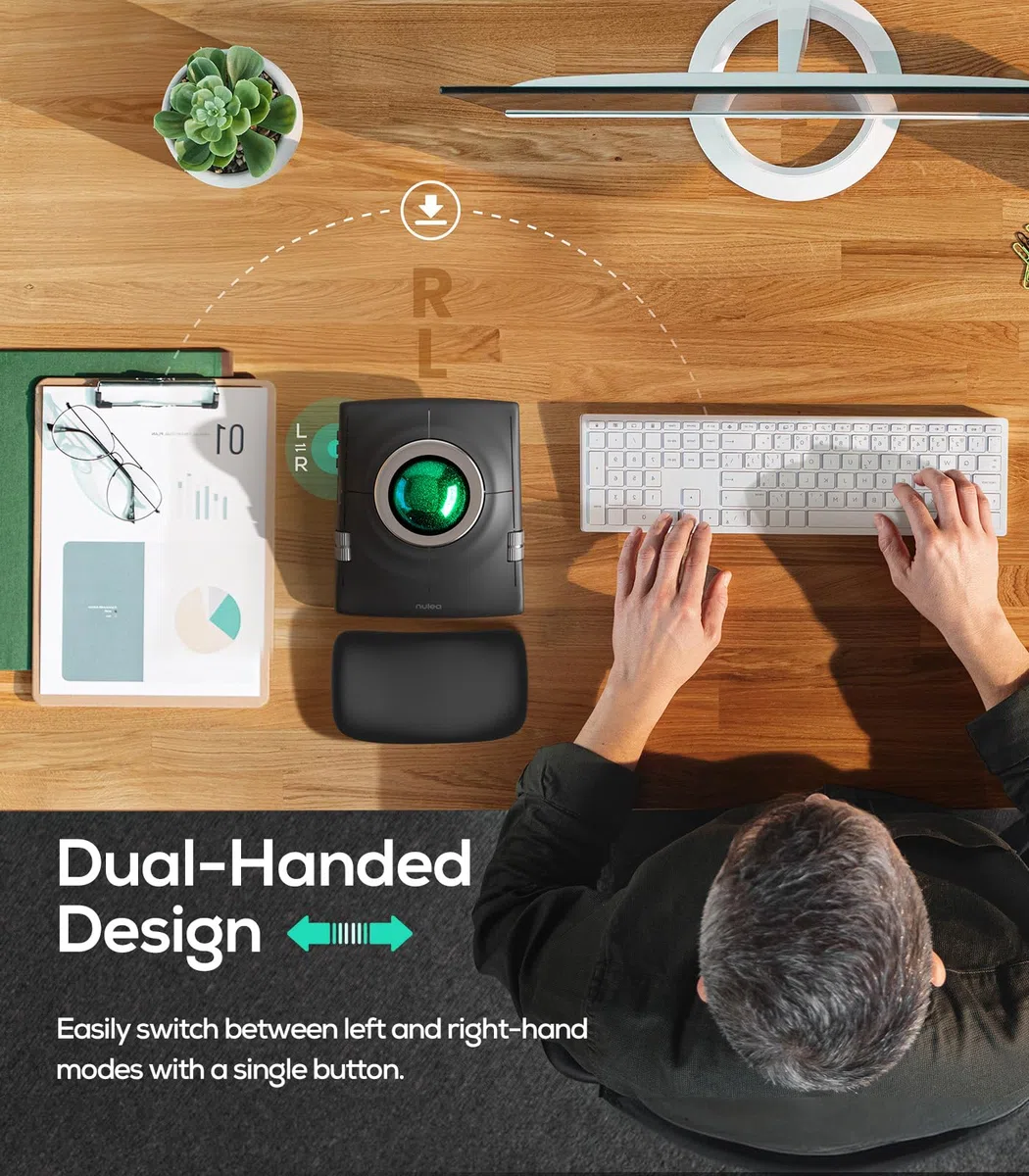 Nulea M512 Kabellose Trackball-Maus, ergonomischer 55-mm-Trackball, einstellbare DPI für präzise Steuerung, kompatibel mit Links- oder Rechtshänder, wiederaufladbar, Multi-Device Bluetooth & 2,4 GHz