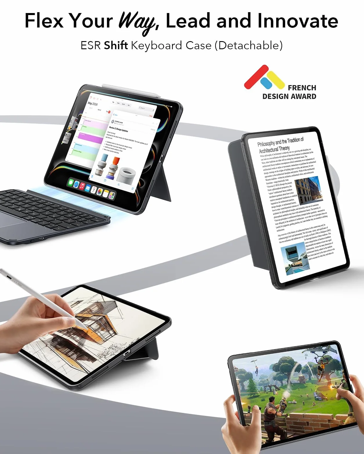 ESR Hülle mit Tastatur für iPad Air 11" (M4/M3/M2) & 10,9" (5/4. Gen) – Magnetisch abnehmbare Keyboard, Hoch- und Querformat, großes Click-Anywhere-Trackpad, Backlit Tasten, Shift Serie, Dunkelgrau