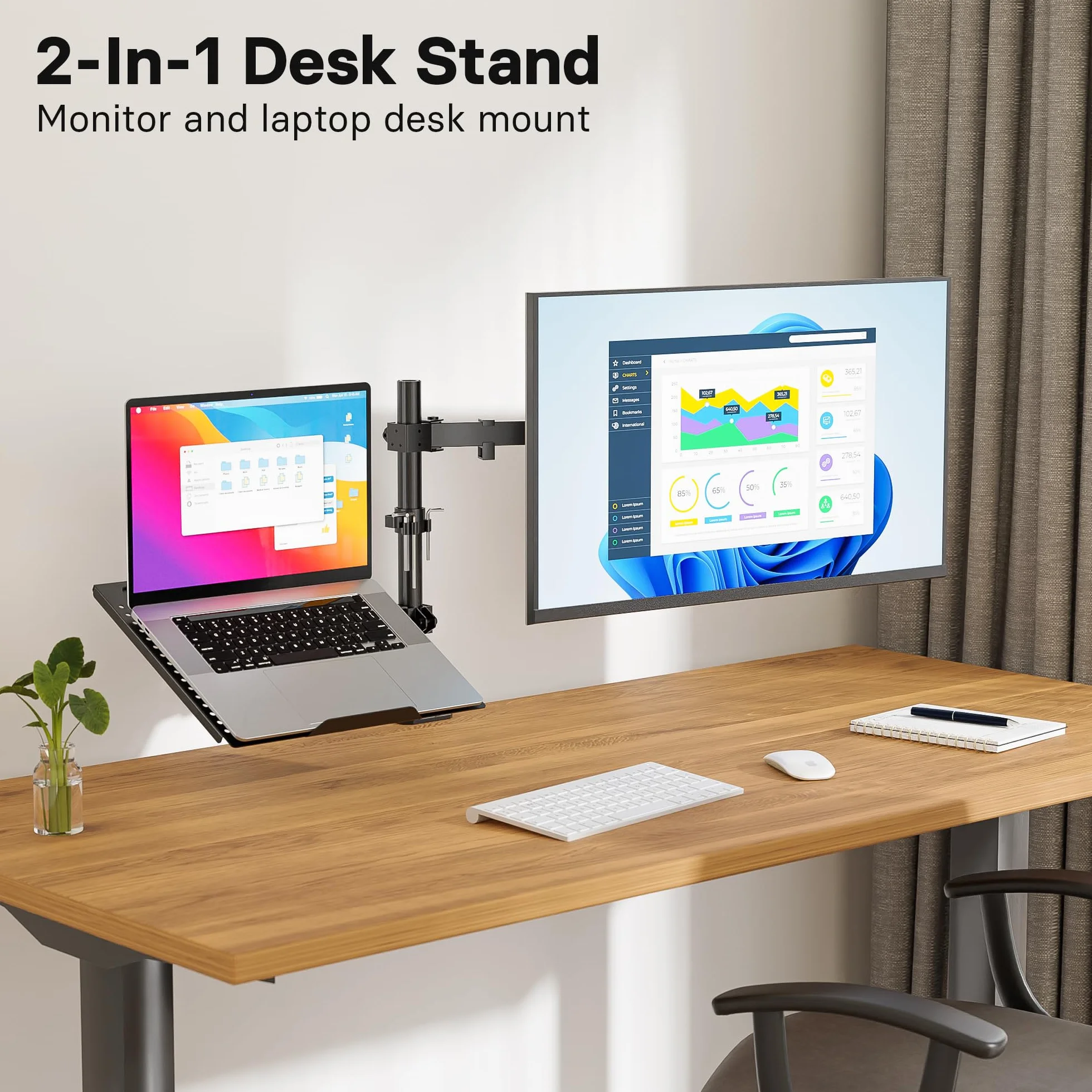 Redbat Monitorarm mit Laptopfach, Dual Screens, Voll einstellbar für 13 bis 32 Zoll LCD LED Bildschirm bis 8kg & Notebook bis 16 Zoll, Neigen, Schwenken & Drehen, 2 Befestigungsmöglichkeiten