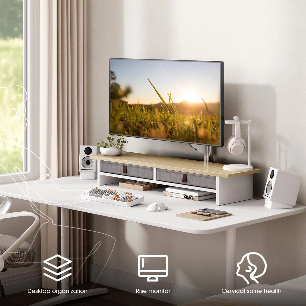 Fenge Dual Monitorständer Riser 2 Etagen Computer Monitor Ständer mit Schublade für PC Laptop Drucker TV, 90x23,5x14,2cm Tragfähigkeit 25KG (Eiche)