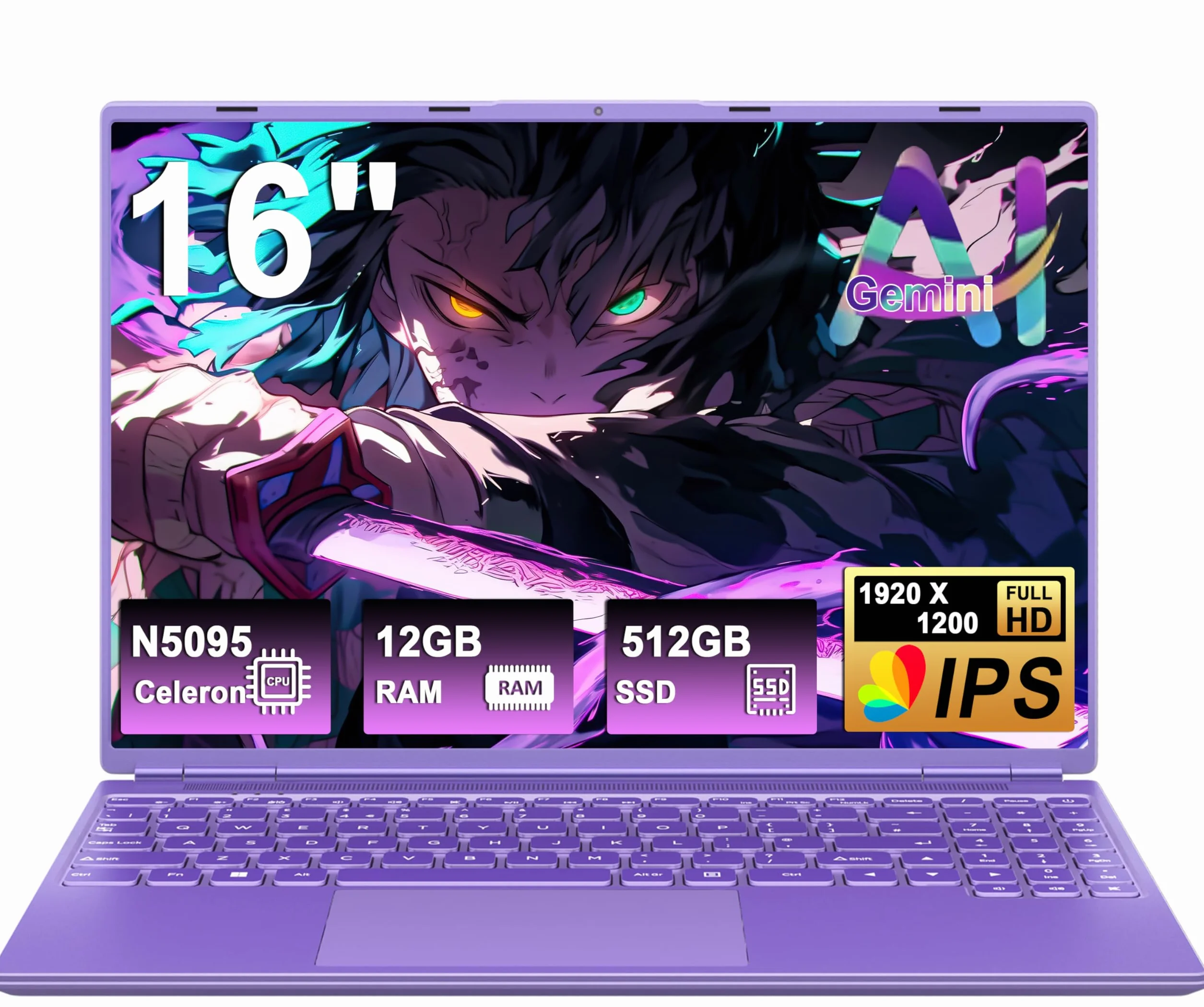 Gaming Laptop 16 Zoll Win11 12+512GB SSD Unterstützung 2TB(HDD-2TB) 1920x1200 Notebook 4-Core Celeron N5095 (bis 2.9GHz) Laptop mit Nummerntastatur WiFi Mini HDMI Deutscher Tastaturschutz-Lila