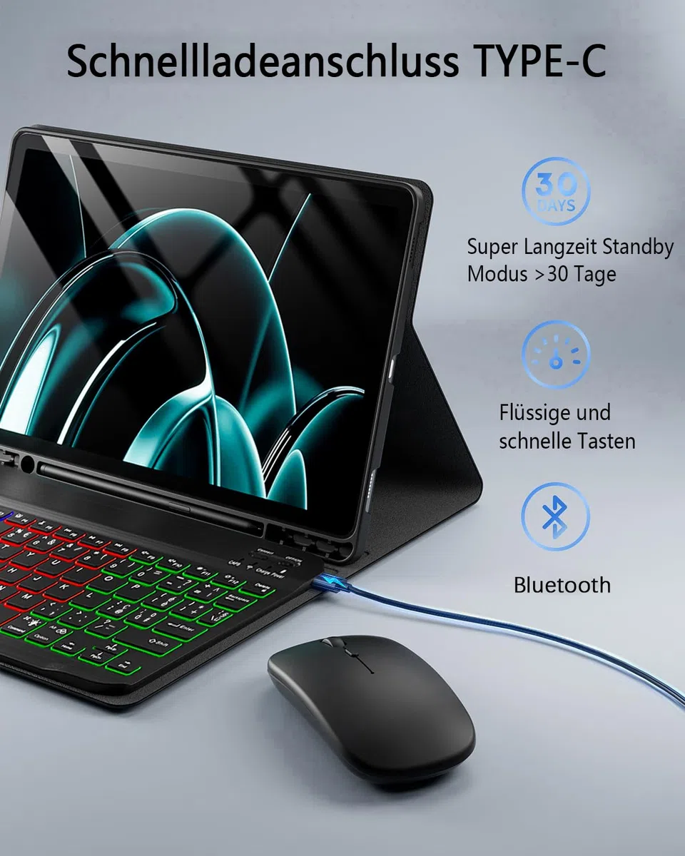 für Samsung Galaxy Tab S10 FE Plus (2025)/Samsung Galaxy Tab S10 FE+ (2025) 13.1 Zoll Hülle mit Kabelloses Bluetooth Deutsch (QWERTZ) Beleuchtete Farbige Tastatur und Maus, Backlit Keyboard Case
