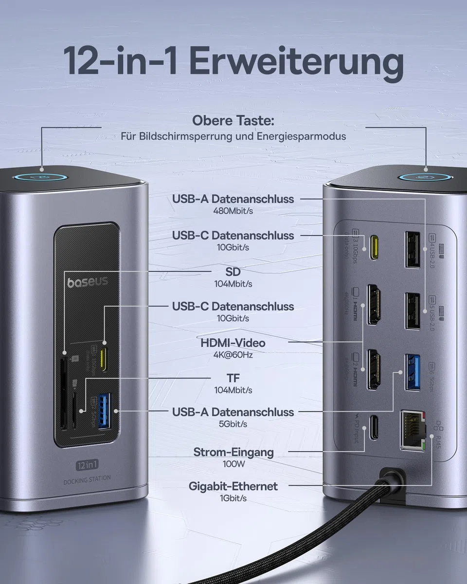 Baseus Nomos Air 12 in 1 Docking Station Dockingstation 2 Monitore für Windows, mit 4K HDMI, 10Gbps USB-C/A, SD/TF, 100W PD, Gigabit Ethernet, Kompatibel für Laptop HP/Lenovo/Dell/Acer