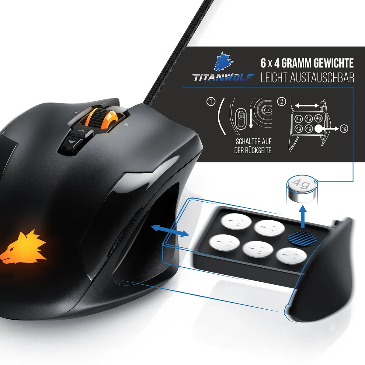 TITANWOLF Gaming Set - mechanische Tastatur ALUMAR MMO 10800dpi Gaming Maus Specialist XXL Mauspad - Mechanical Keyboard - Anti-Ghosting - LED Backlight - 19 Lichtmodi - Makro-Modus
