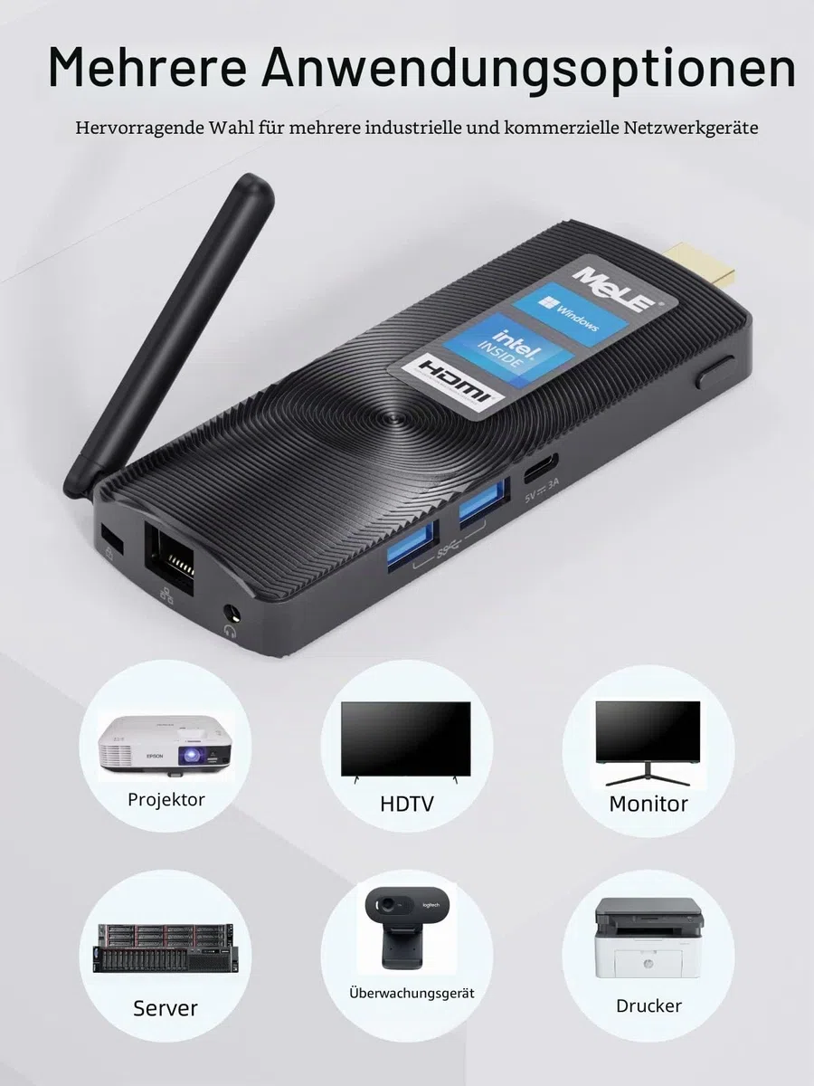 MeLE PCG02 Mini-PC-Stick Lüfterloser Celeron J4125, Kleiner Computer, Micro-PC, LPDDR4, Win11, HDMI 4K 60Hz, 2.4G/5G Wi-Fi 5, Gigabit Ethernet, BT 4.2, USB 3.0, Wake on LAN, PXE (8G/256G)