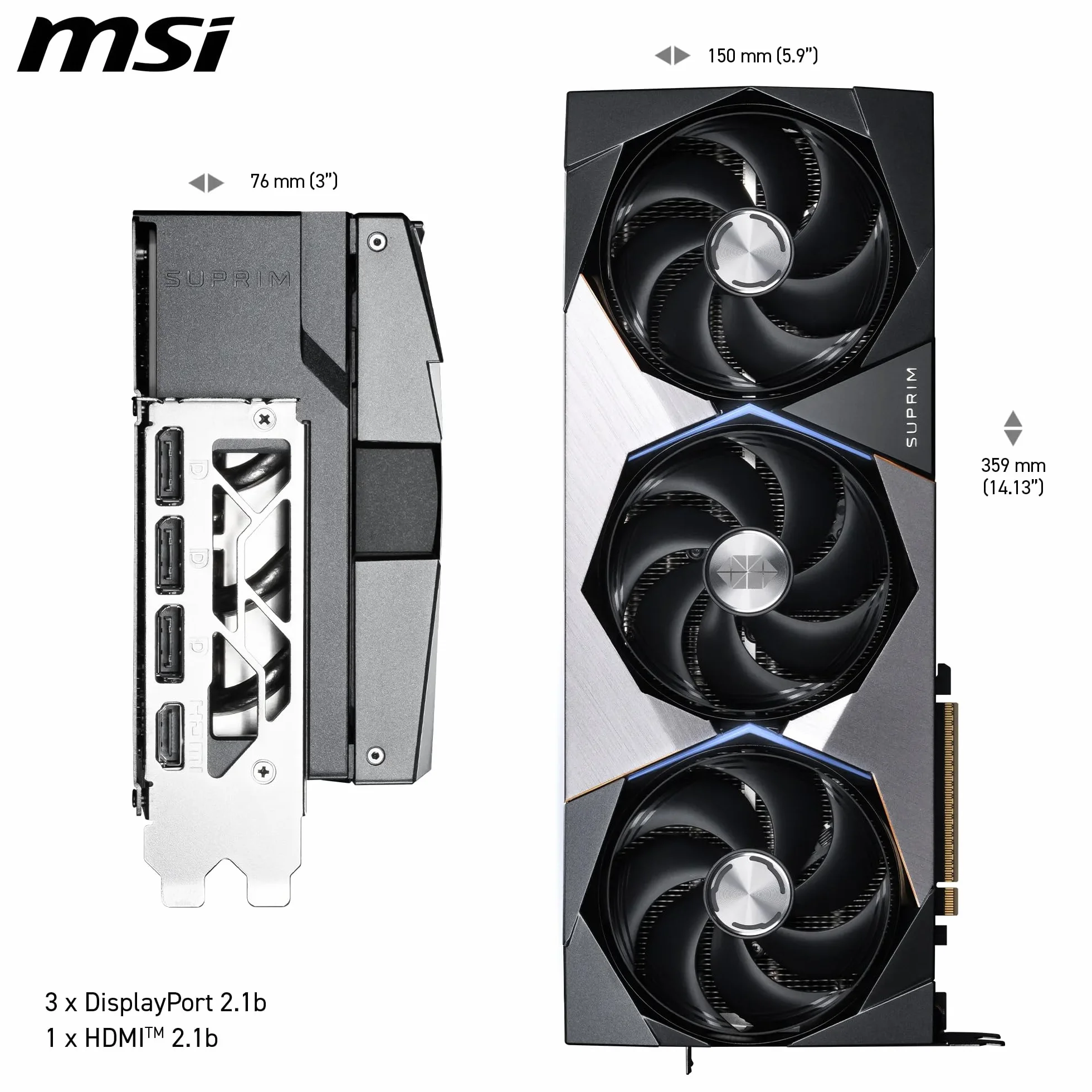MSI GeForce RTX 5090 32G SUPRIM SOC — 32GB GDDR7 (28Gbps/512-bit), PCIe 5, Boost: 2565 MHz, HDMI 2.1b, DisplayPort 2.1b