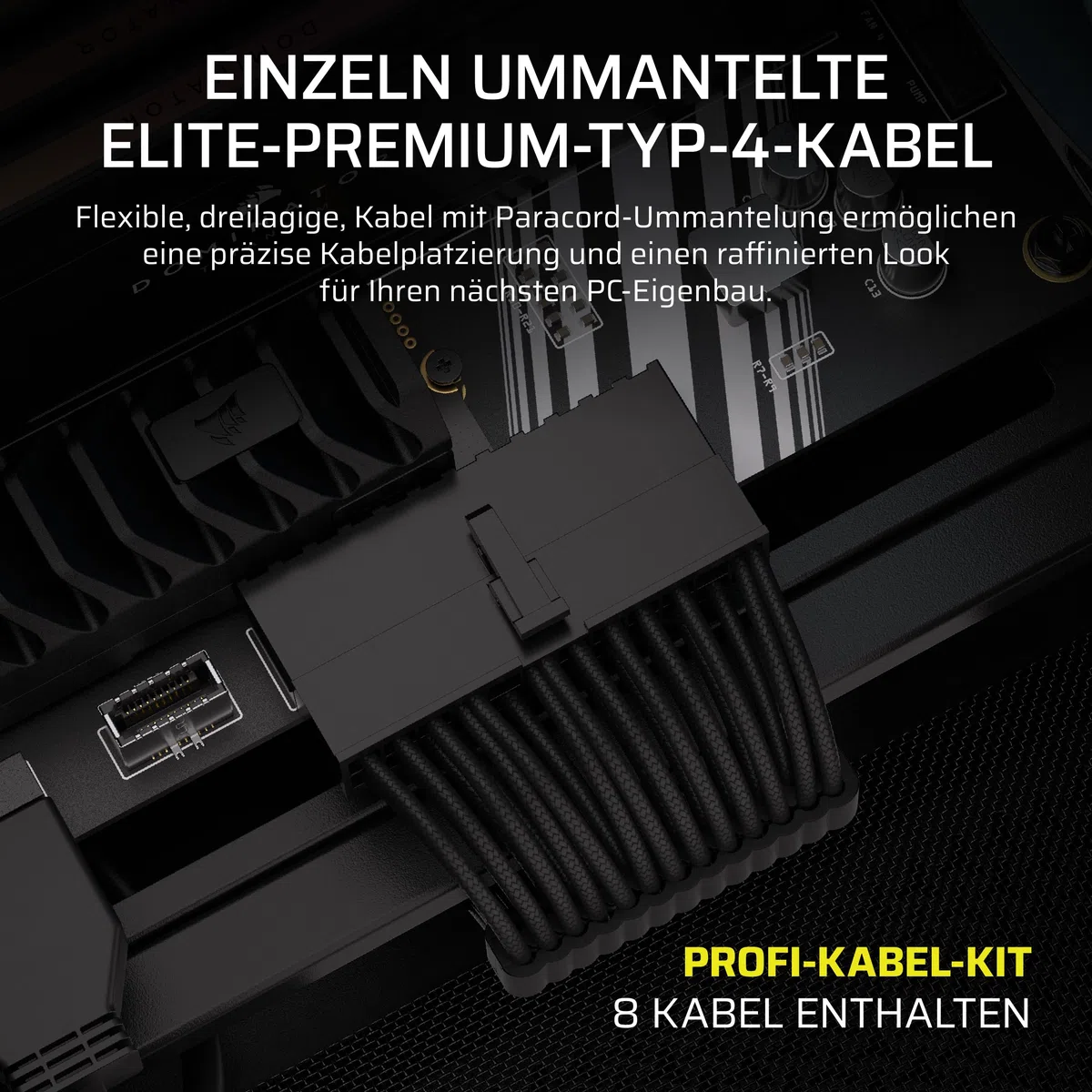 Corsair Elite Premium Pro-Kit mit Einzeln Ummantelten Typ 4-Netzteilkabeln – Flache Kabelkämme, Dreilagiges Mesh-Paracord-Design, Kompatibel Netzteilen mit Typ-4-Kabeln – Schwarz