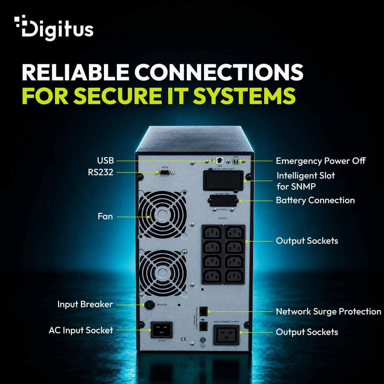 DIGITUS OnLine USV-System – 3 kVA 3 kW – 8X IEC C13 Steckdosen – Tower | Unterbrechungsfreie Stromversorgung – Leistungsfaktor 1,0 – UPS Software – RS232, RJ45 & USB-Port – Schwarz