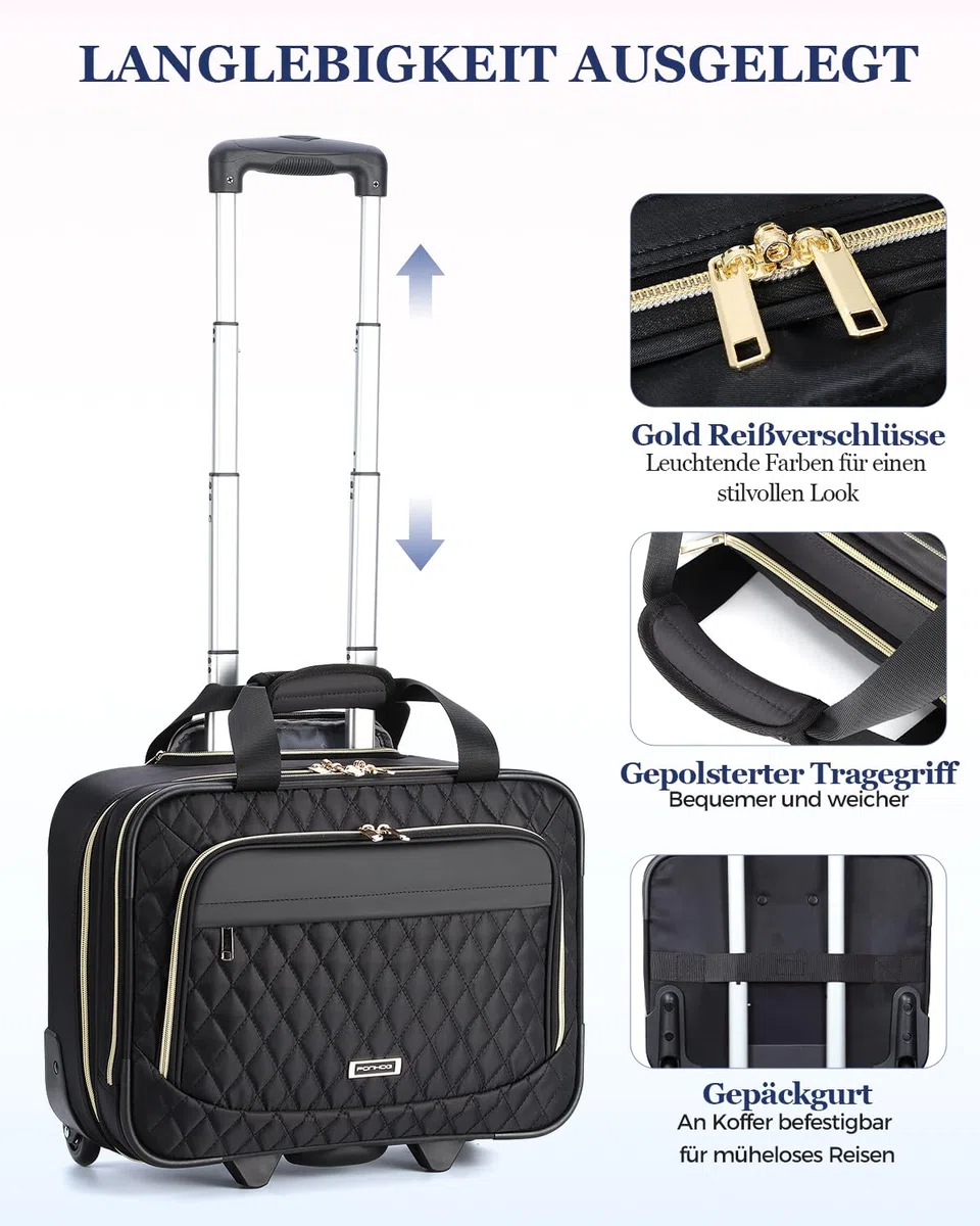 Ponhog Bussiness Laptop Trolley mit Rollen für Damen,Trolley Laptoptasche 15,6 Zoll wasserdichte Aktentasche für Reisen, Arbeit, Schule, Schwarz