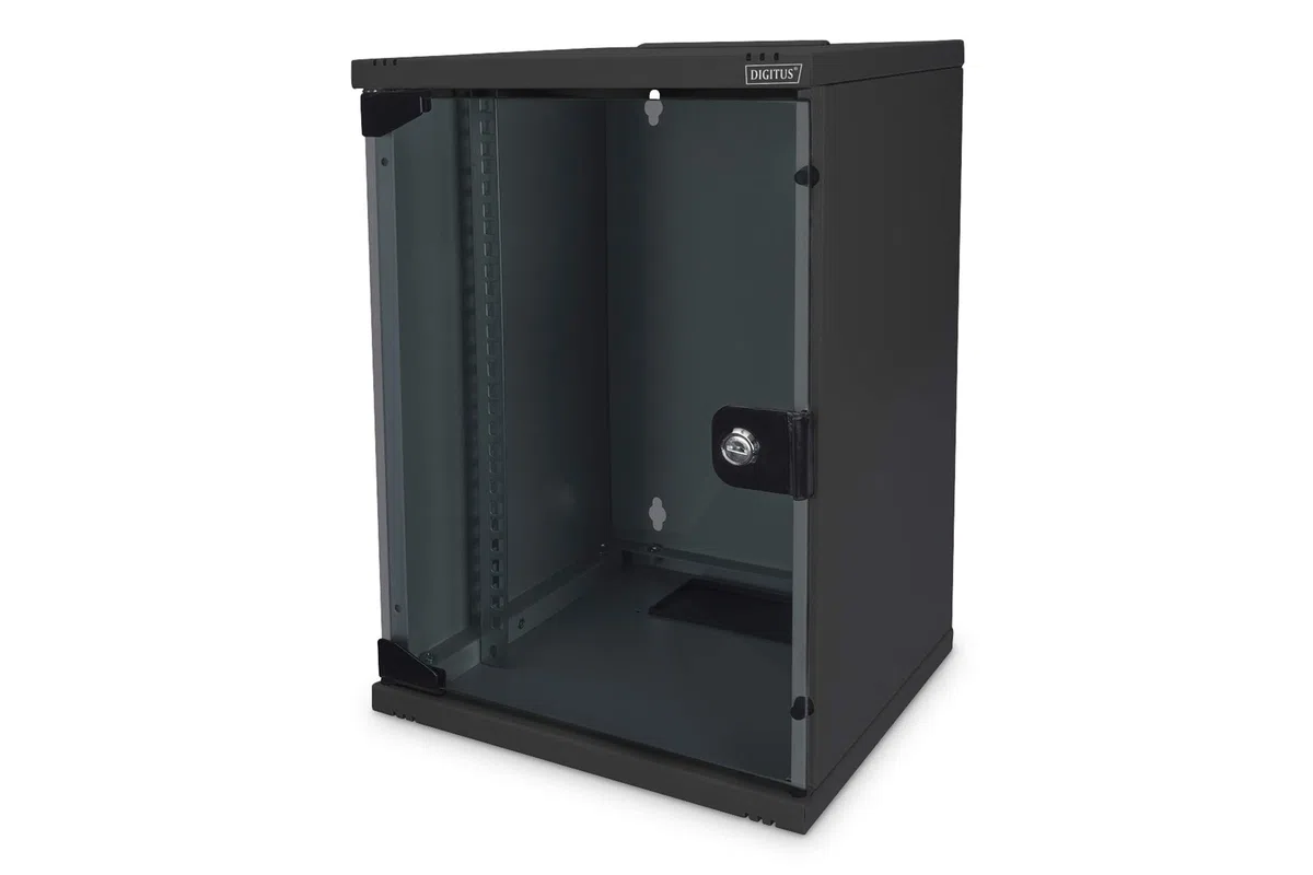 DIGITUS Netzwerk-Schrank 10-Zoll - 9HE - Wandmontage - HxBxT 464x312x300mm - Traglast 30kg - Nutztiefe 240mm - Schwarz | Nutztiefe 240mm – Traglast 30kg – Sicherheitsglastür mit Schloss – Wandmontage – SOHO-Serie