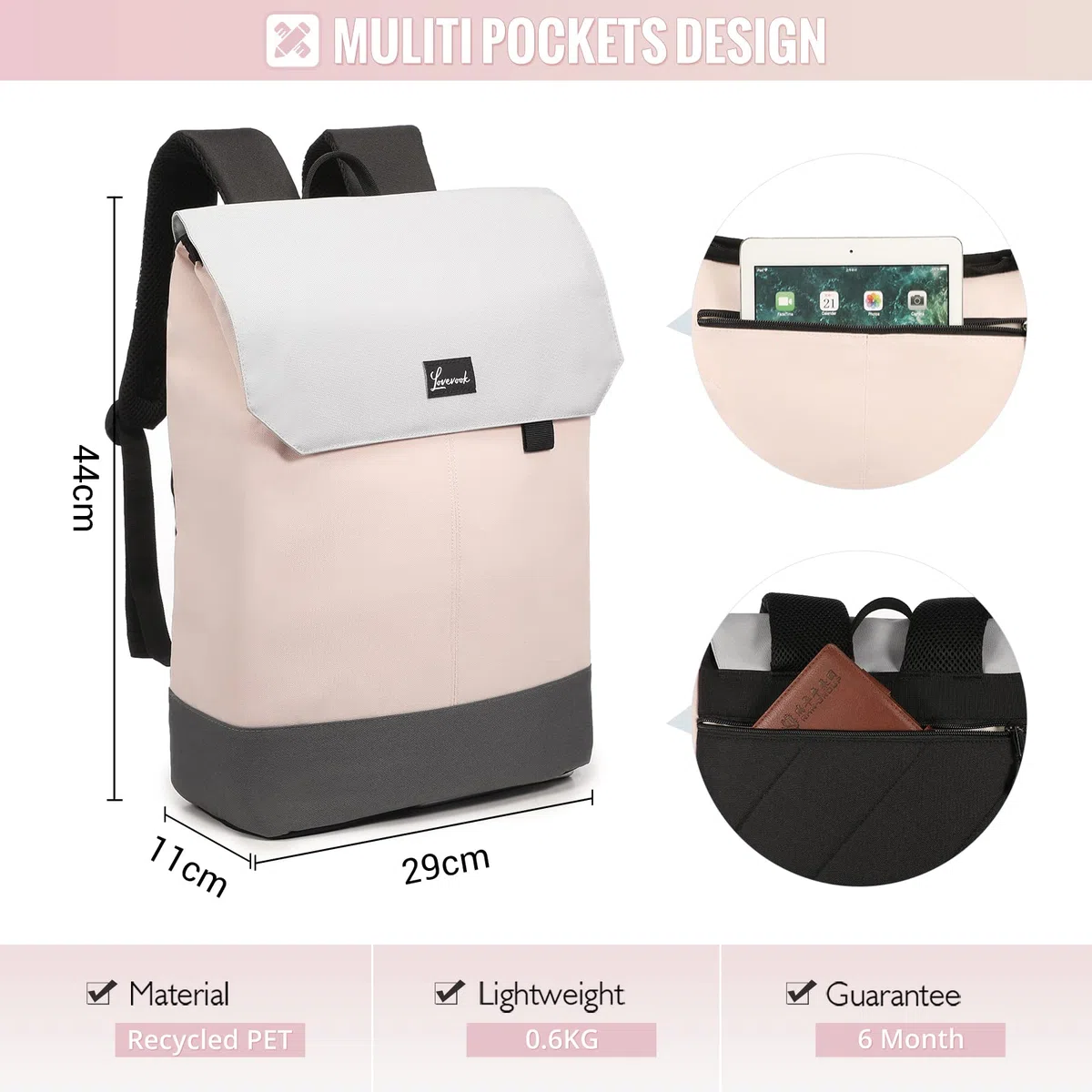 LOVEVOOK Rucksack Damen Elegant Daypack Wasserdichter Tagesrucksack mit Laptopfach 15,6 Zoll & Anti Diebstahl Tasche für Ausflüge, Uni, Schule u. Büro Rosa