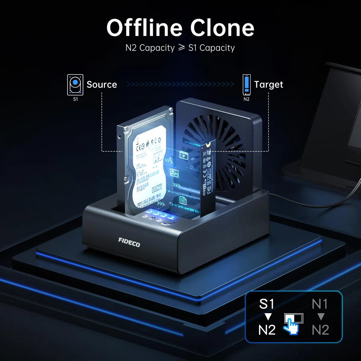 FIDECO HDD/M.2 NVMe SSD Cloner Docking Station, USB 3.2 Gen 2 (10 Gbit/s), 3-Bay Festplatten-Cloner-Dock für M.2 NVMe SSD und 2,5"/3,5" SATA HDD, mit klappbarem Lüfter