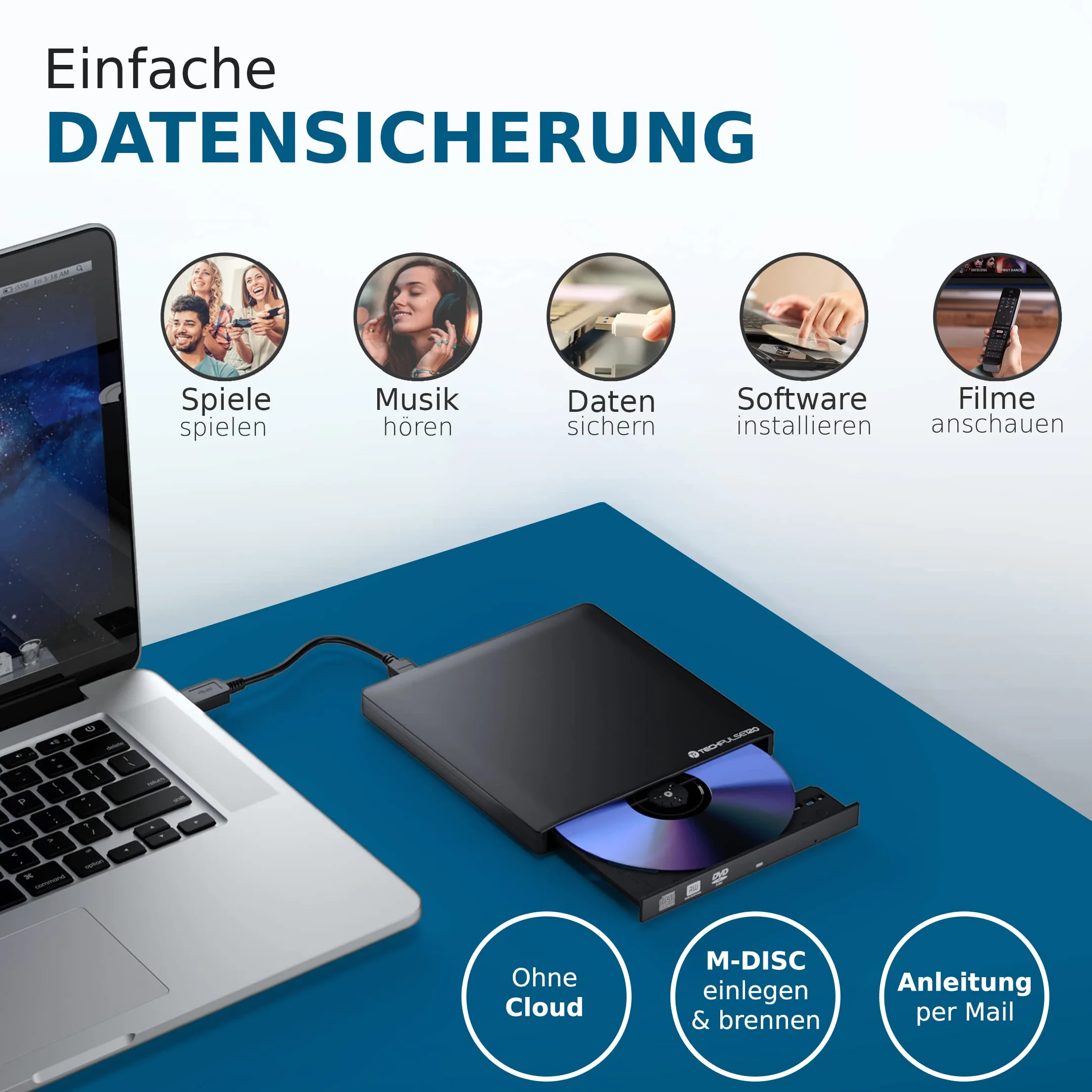 techPulse120 Externes USB 3.1 USB-C UHD 4k 3D M-DISC Blu-ray DVD CD BDXL HDR10 128GB Laufwerk Brenner Burner Superdrive BD Imperator Paket Tasche 90cm Anschlusskabel Aluminium Schwarz