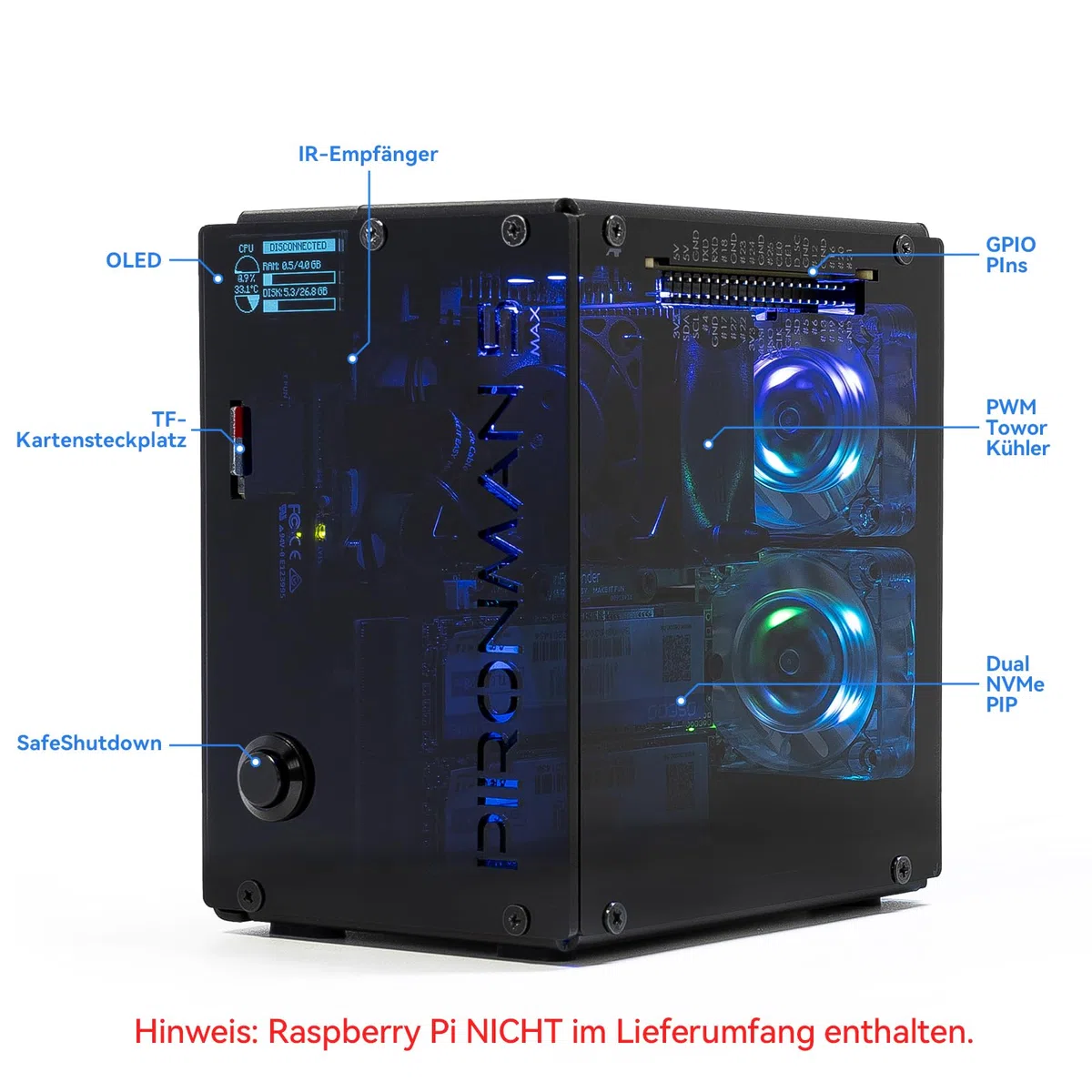 Pironman 5-MAX Raspberry Pi 5 Gehäuse mit Dual NVMe M.2 SSD PCIe, Mini PC NAS RAID 0/1, Hailo-8L AI-Beschleuniger, PWM Tower-Kühler + Dual RGB-Lüfter, OLED, Safe Shutdown, HDMI (RPI5 Nicht enthalten)