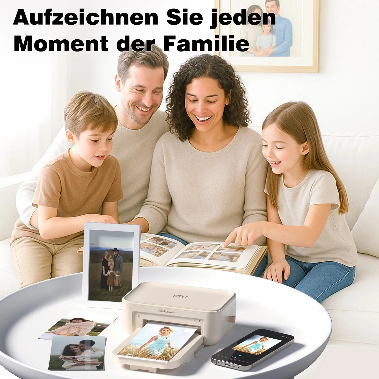 HPRT Desktop Fotodrucker 10cm x 15cm mit 20 Blatt Fotopapier & 1 Band, Instant Bilddrucker für iPhone, Smartphone, Thermische Farbstoffsublimation, WI-Fi-Verbindung, Zuhause, Beige