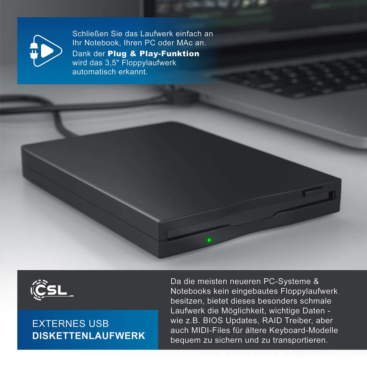 CSL - Externes USB Diskettenlaufwerk FDD 1,44MB 3,5 Zoll - PC - Slimline Floppy Disk Drive Extern - Portable - Plug and Play - schwarz - Windows 11 fähig