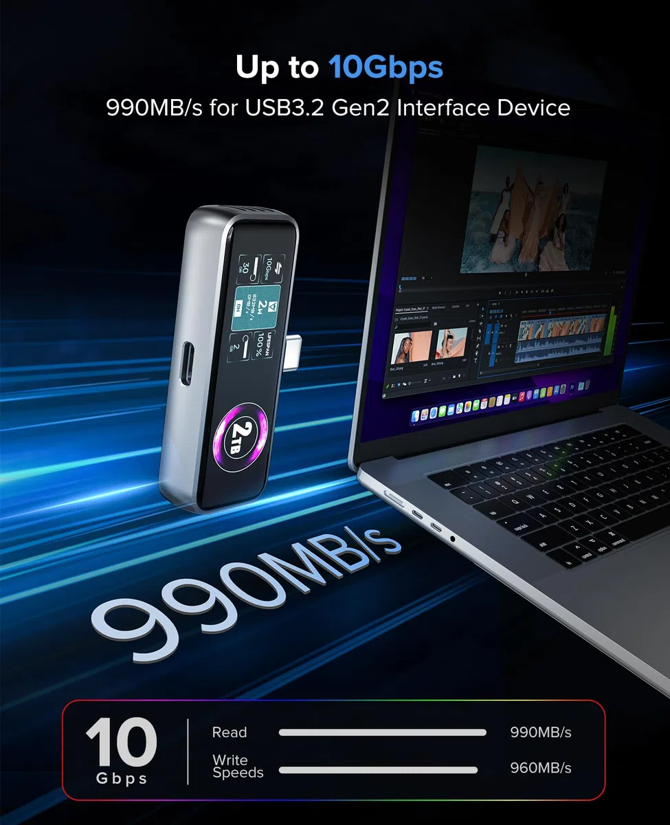 ZIKE Z791C Magnetic Portable SSD 2 TB, Externer SSD-eingebauter Lüfter, 4K 120fps ProRes-Videoaufnahme, USB3.2 Gen2 bis zu 990MB/s, Unterstützt PD3.0-Port 27W Laden Kompatibel mit iPhone 17/16/15