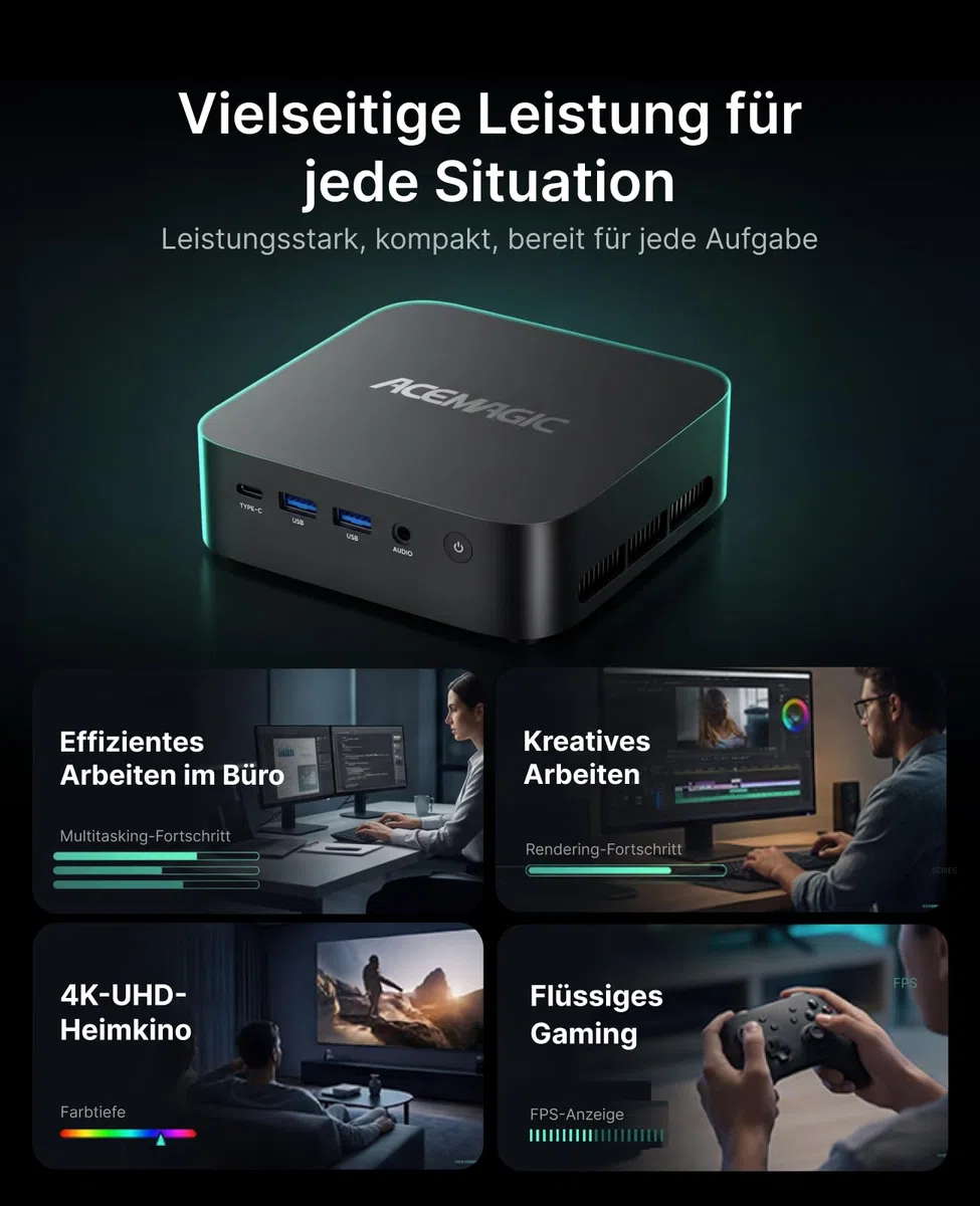 ACEMAGIC M1 Mini PC, AMD Ryzen 7 7735HS (8C/16T, bis 4,75GHz), 24GB LPDDR5 5500 MT/s 1TB NVMe SSD Win 11 Pro Mini Computer, AMD Radeon 680M, 4K Triple Display, USB-C,WiFi6,BT5.2 für Büro & Home Office