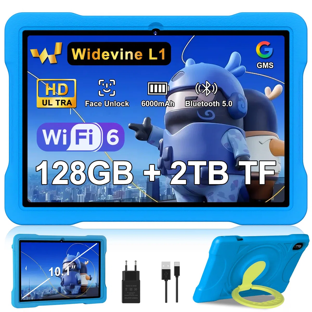 2026 Neueste Kinder Tablet 10 Zoll Android mit 5G WiFi 6, 20 GB RAM+128GB ROM(TF 2TB),Kindersicherung, 6000mAh, BT 5.0,Octa-Core, Widevine L1, 1280*800,GMS Certified Kids Tablet mit Eva Case-Blue