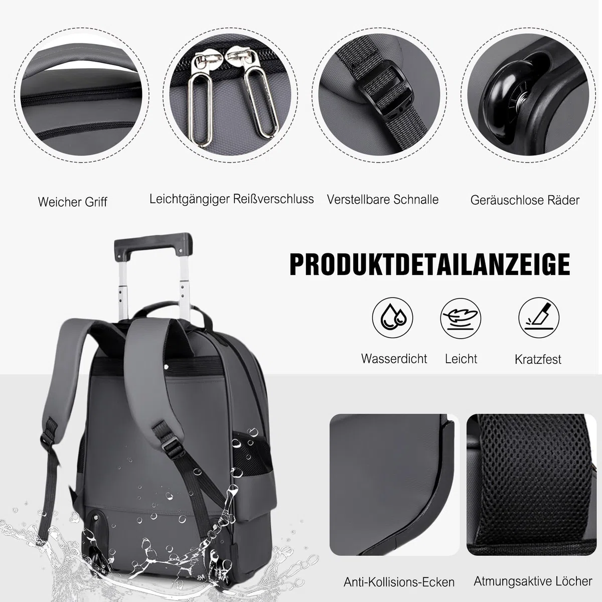 FANDARE 2 in 1 Business Trolley Rucksack Reiserucksack mit schnell laufenden Rollen Herren Laptop-Trolley Handgepäck Koffer Rolling Notebook bis 15.6 Zoll Reisetasche Arbeit Reisekoffer Aaktenkoffer
