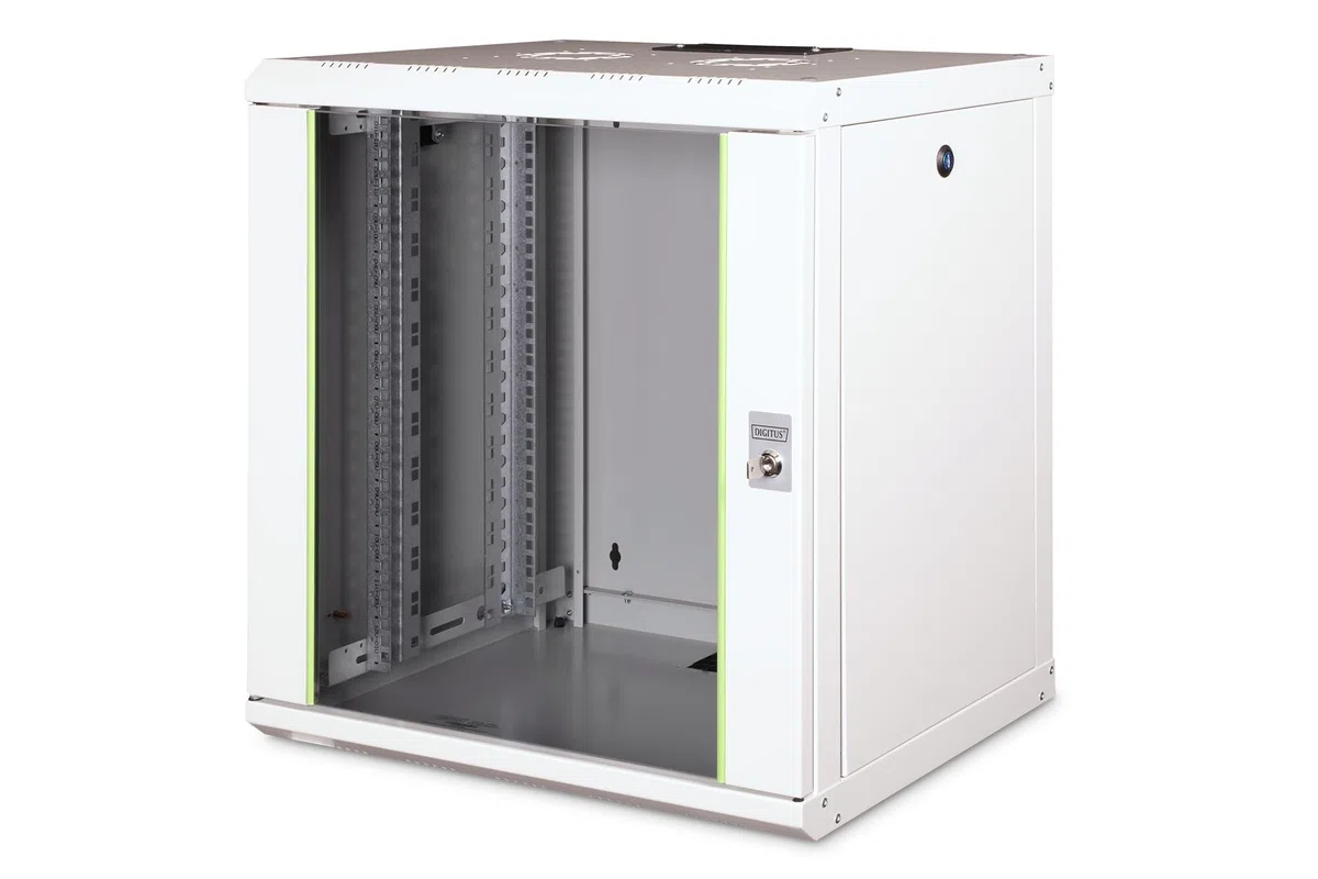 DIGITUS Netzwerk-Schrank 19 zoll 12 HE - Wandmontage - 450 mm Tiefe - Traglast 100 kg - Unique Serie - Glastür - Grau | Nutztiefe 370 mm – Wandmontage – Traglast 100 kg – Sicherheitsglastür – Schutzklasse IP20