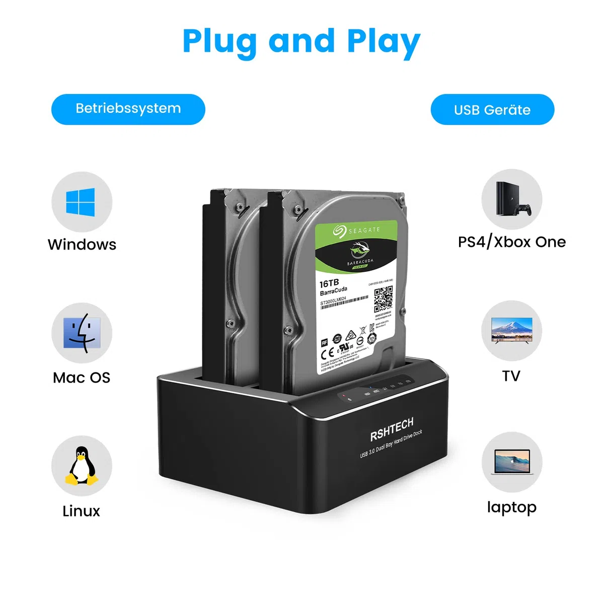 RSHTECH Dualschacht Festplatten Docking Station, USB 3.0 Aluminium Festplatten Dockingstation Offline-Klonen für 2,5 & 3,5 Zoll SATA HDD SSD, unterstützt 2 x 24TB Laufwerke, Werkzeuglose (RSH-DS01)